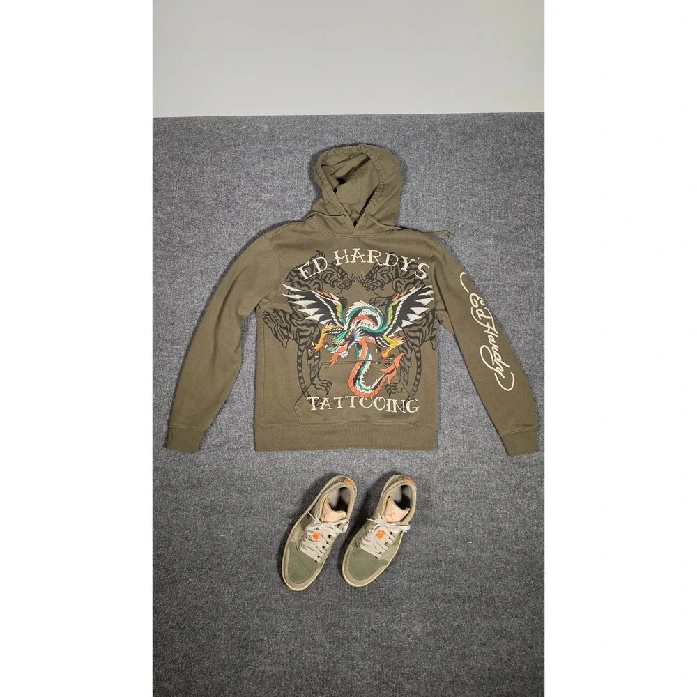 Ed Hardy Hoodie + Nike Air Jordan 1 Low Olive Sz 9.5 Outfit Bundle